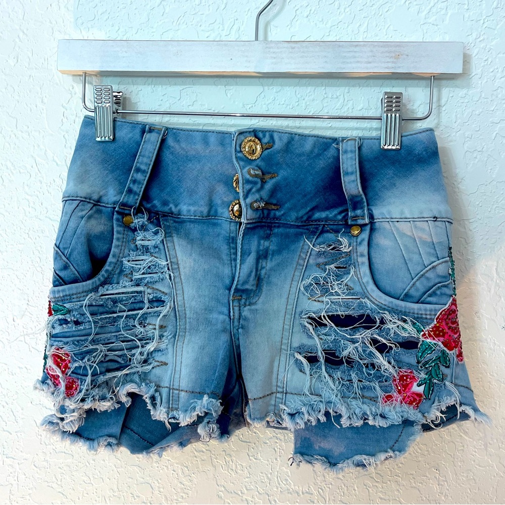 Authentic Colombian jean shorts | floral design with gem stones